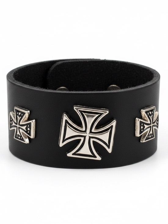 Fashion Jewelry Other - Black leather cuff bracelet featuring three silver-toned Cross